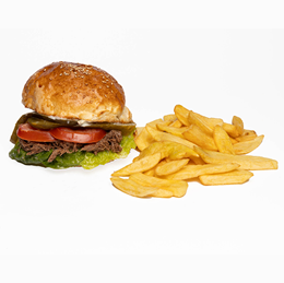 Burger z szarpaną wołowiną z frytkami